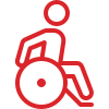 Rotes Umriss-Symbol einer Person in einem Rollstuhl, von der Seite gesehen.