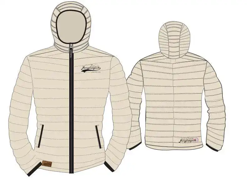 Beige Kapuzenjacke mit schwarzen Reissverschlüssen, ideal für Grosshandel Schweiz, vorne und hinten abgebildet.