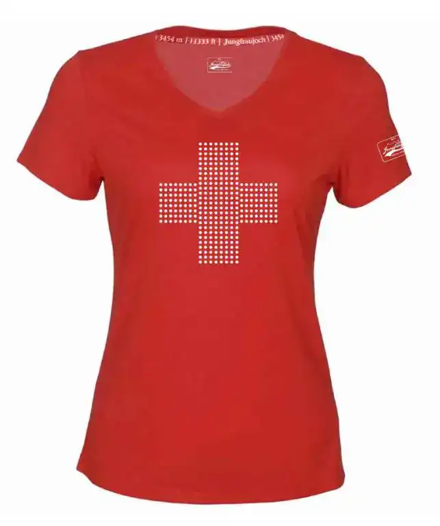 Rotes T-Shirt mit weiss gepunktetem Kreuz, Logo am Ärmel - ideal für Grosshandel Schweiz Einkäufer.