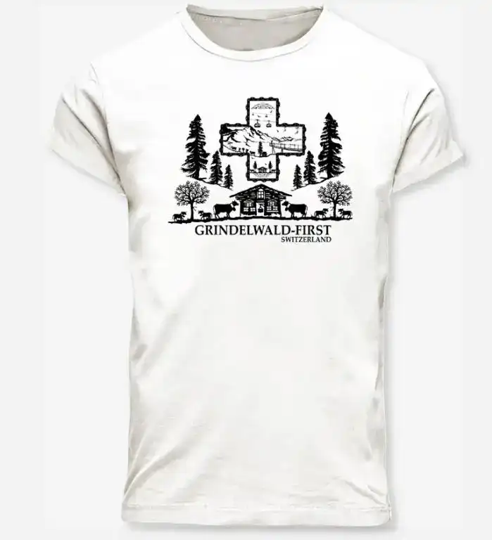 Weisses T-Shirt mit einer Schweizer Berghütte, Bäumen, Grindelwald-First text-grosshandel Schweiz.