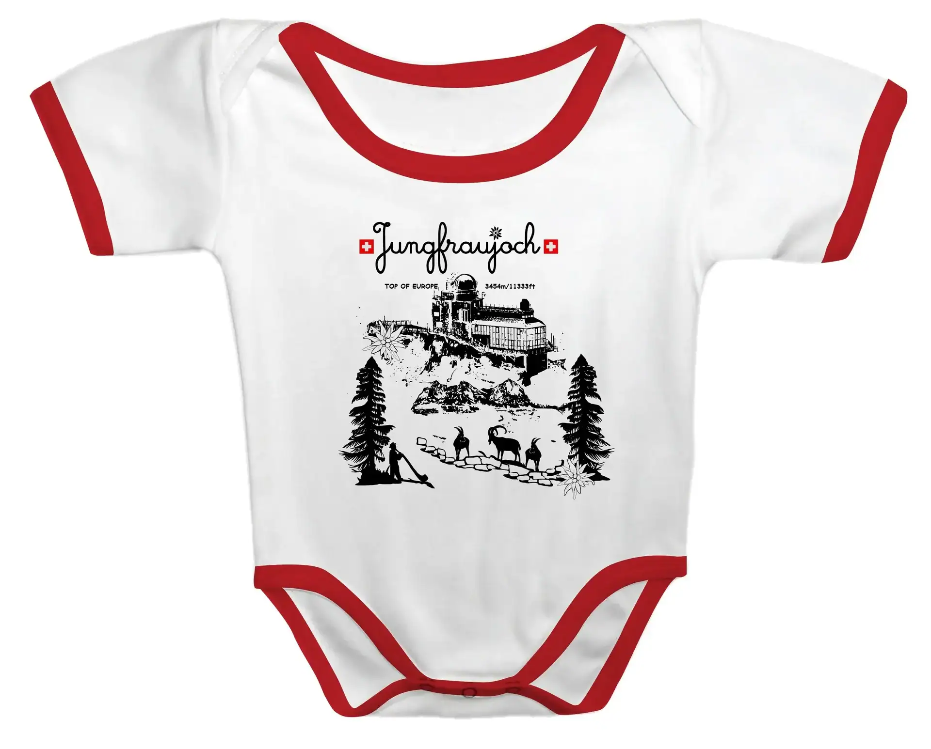 Weisser Baby-Strampler mit rotem Saum, Schweizer Berg- und Zugmotiv - ideal für Grosshandel Schweiz.