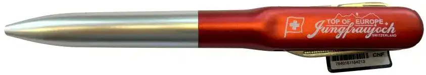 Ein rot-silberner Souvenir-Kugelschreiber mit der Aufschrift Jungfraujoch Switzerland, ideal für grosshandel Schweiz.