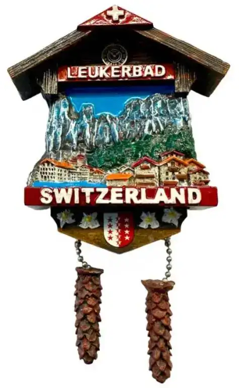 Souvenir-Kühlschrankmagnet von Leukerbad, Schweiz - Berge und Tannenzapfen, grosshandel Schweiz.