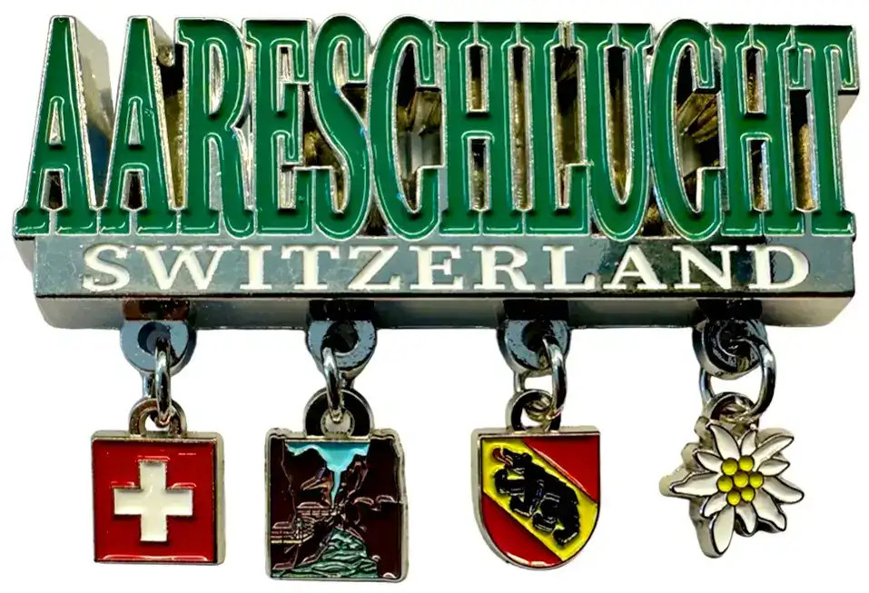 Souvenir Pin mit Aareschlucht Schweiz, ideal für Sammler oder Grosshandel Schweiz Fans.