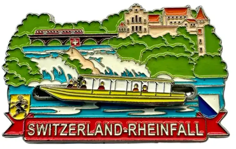 Buntes Abzeichen des Rheinfalls, Boot, Zug auf Brücke, SCHWEIZ-RHEINFALL-Grosshandel Schweiz.