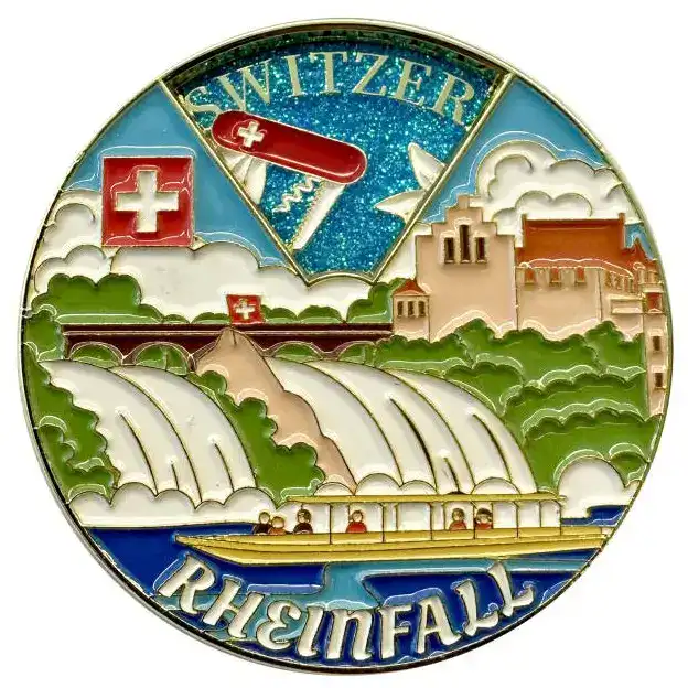 Buntes Abzeichen der Schweiz mit Rheinfall, Schweizer Messer, Fahnen - ideal für grosshandel Schweiz.