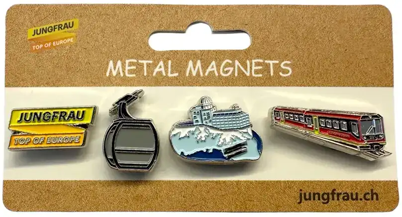 Vier Metallmagnete zum Thema Jungfrau: Schild, Seilbahn, Bergszene und roter Zug. Grosshandel Schweiz.