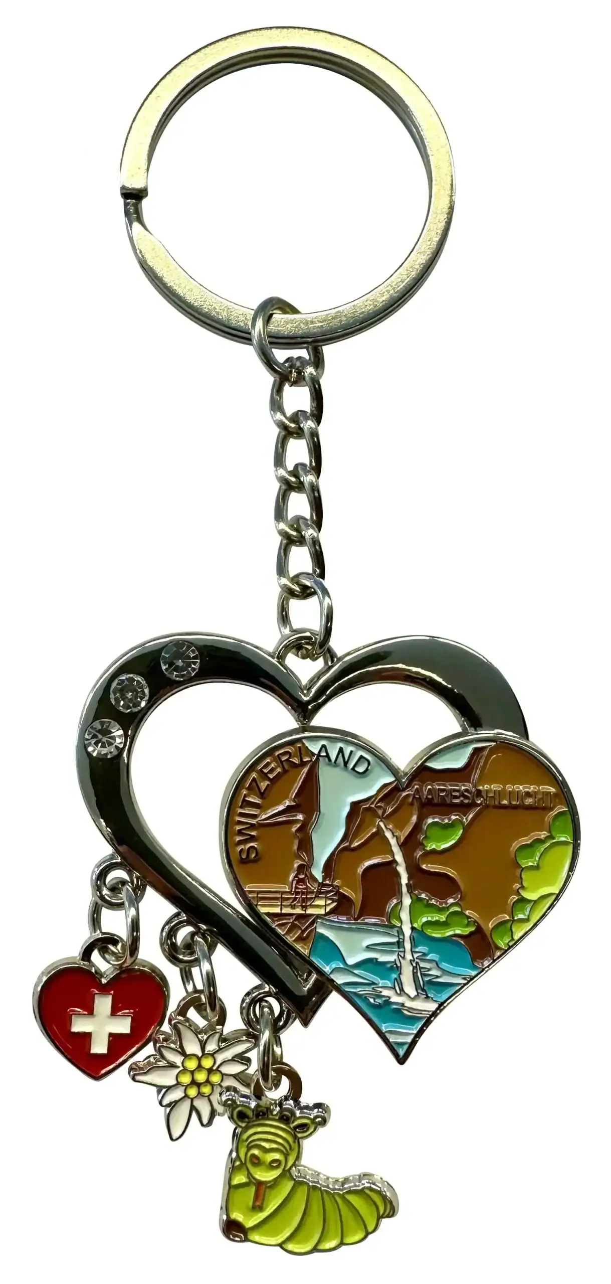 Schlüsselanhänger Schweiz in Herzform, ideal für Grosshandel Schweiz, mit niedlichen Anhängern und Akzenten.