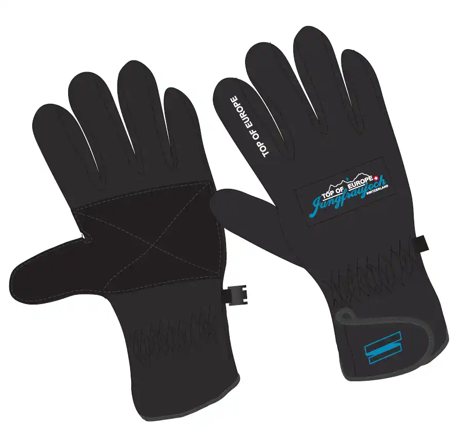 Zwei schwarze Handschuhe mit blauen Nähten und Top of Europe Jungfraujoch Logo, ideal für Grosshandel Schweiz.